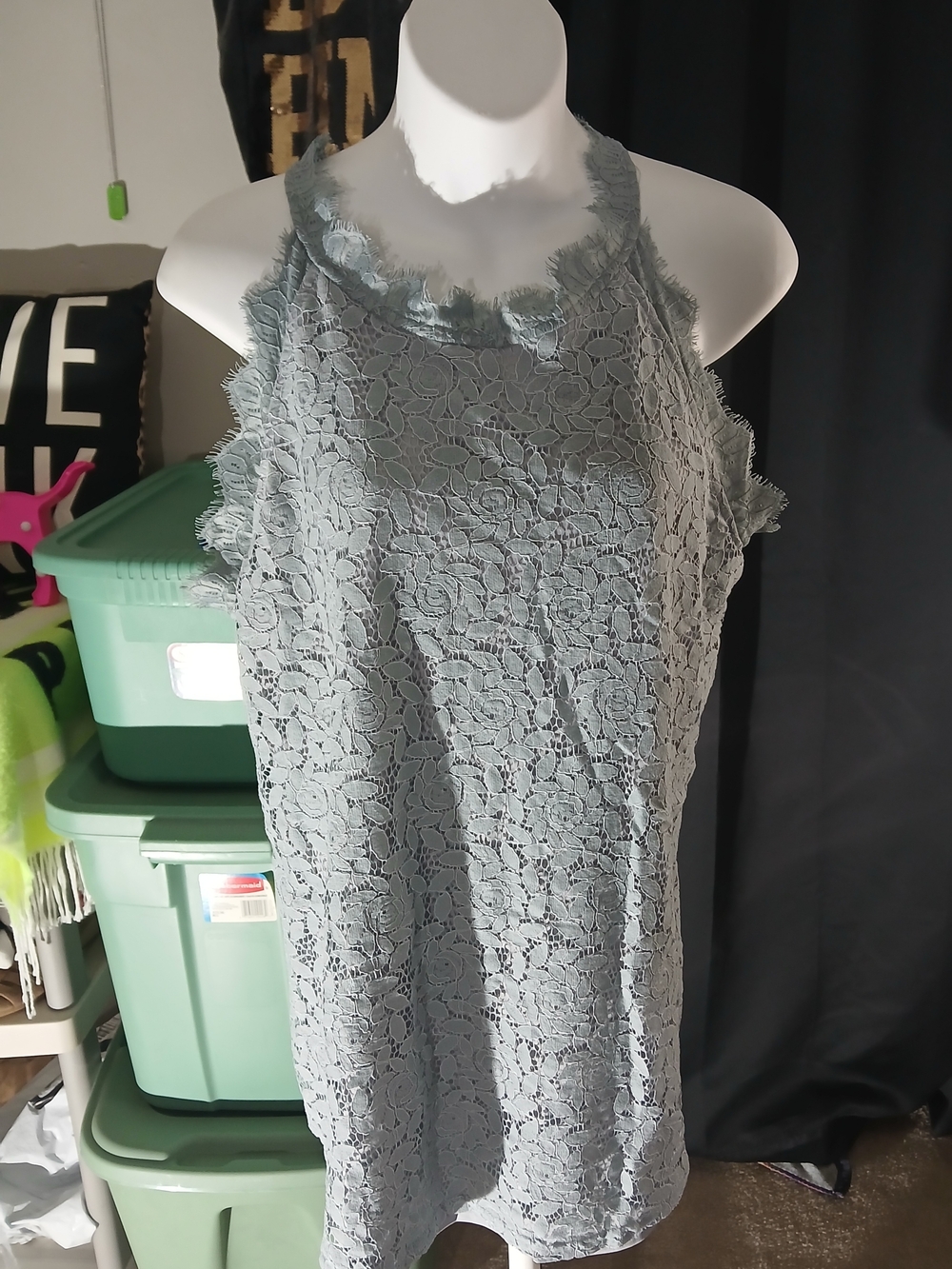 Lace Halter Tank Top Dusty Blue Size XL Floral Pattern Spring Summer Romantic